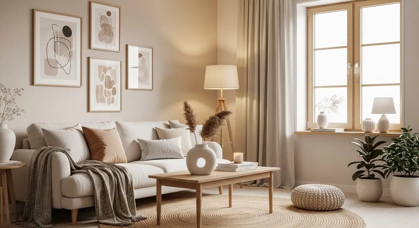 Small apartment with foldable table, sofa bed, and compact smart furniture setup