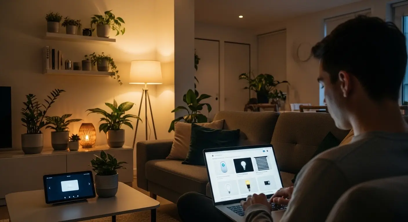 A person browsing smart home gadgets on a laptop in a modern living room