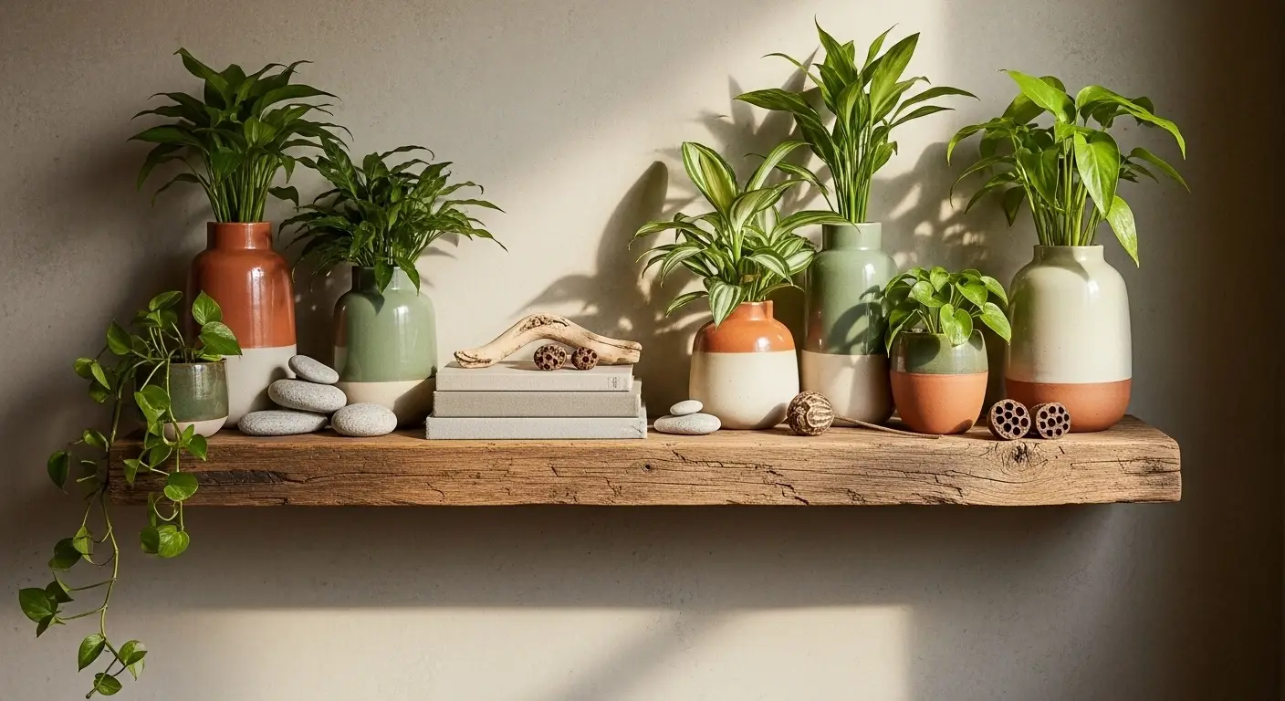 Close-up of recycled wood furniture and organic textile decor