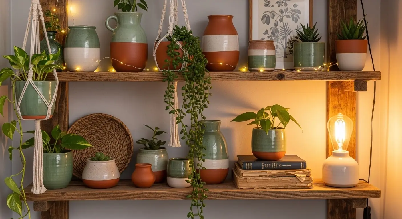 Rustic reclaimed wood decor shelf with plants