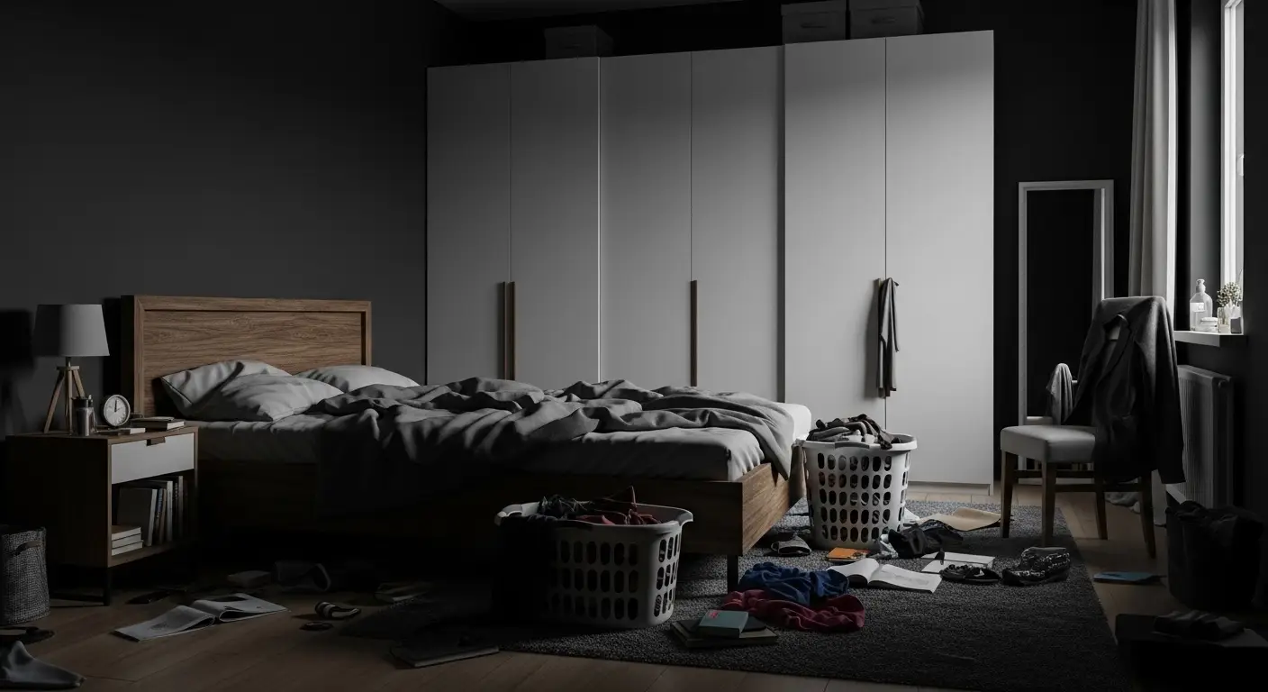 Small cluttered bedroom with bulky furniture making the space look crowded