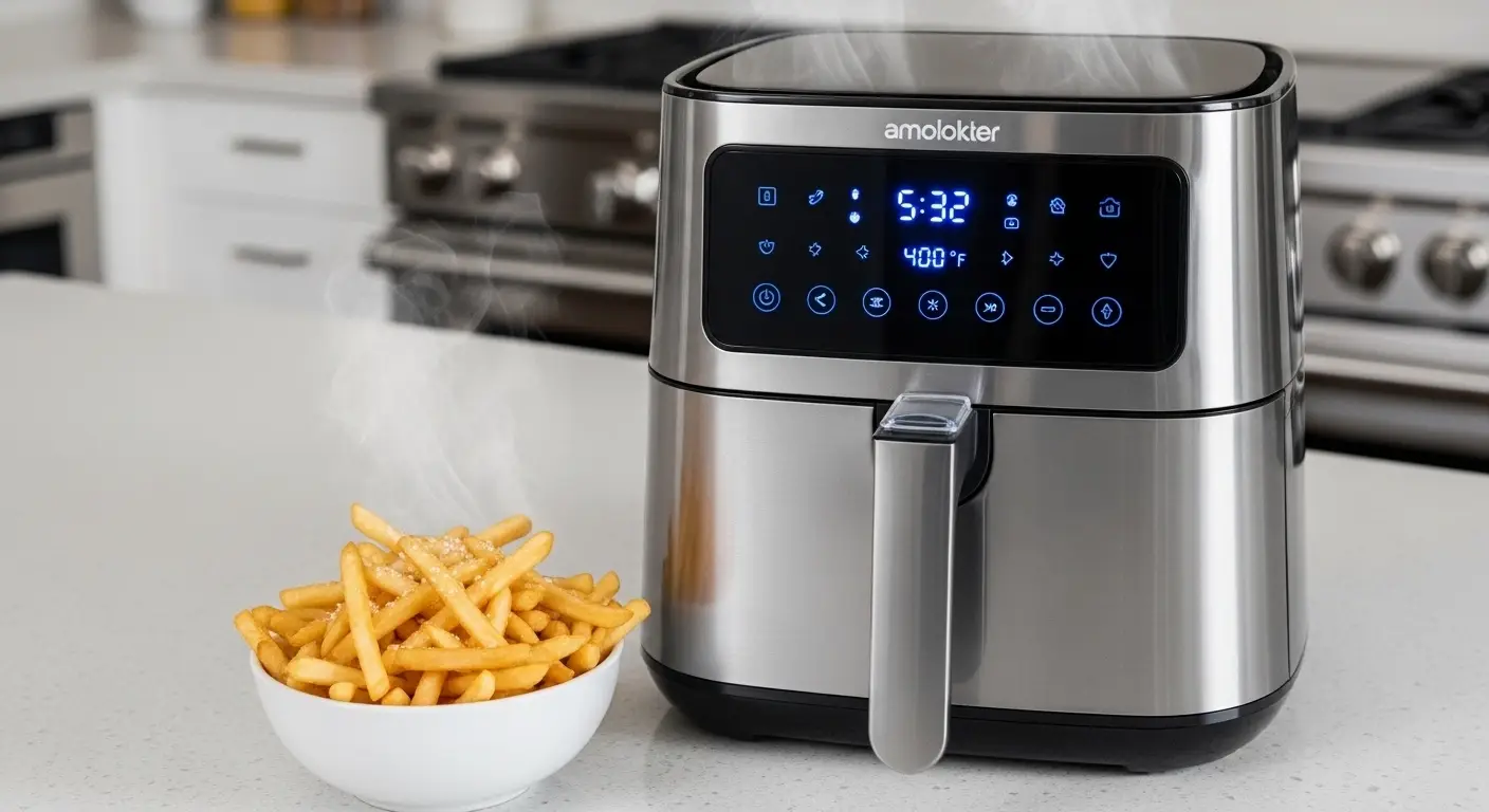 Smart air fryer cooking crispy fries with digital display