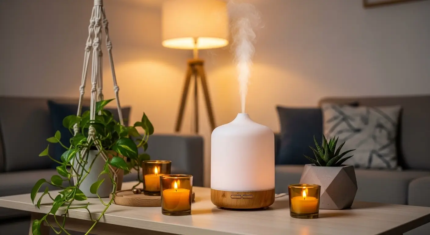 Minimalist aroma diffuser releasing mist on a living room table