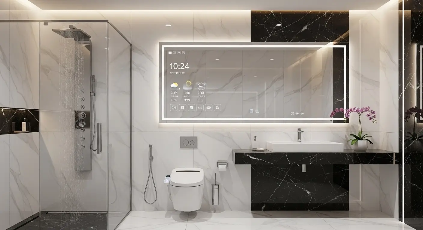 Bathroom mirror displaying weather, time, and touch controls] [IMAGE: Neutral-toned living room with beige walls, wooden furniture, and warm lighting