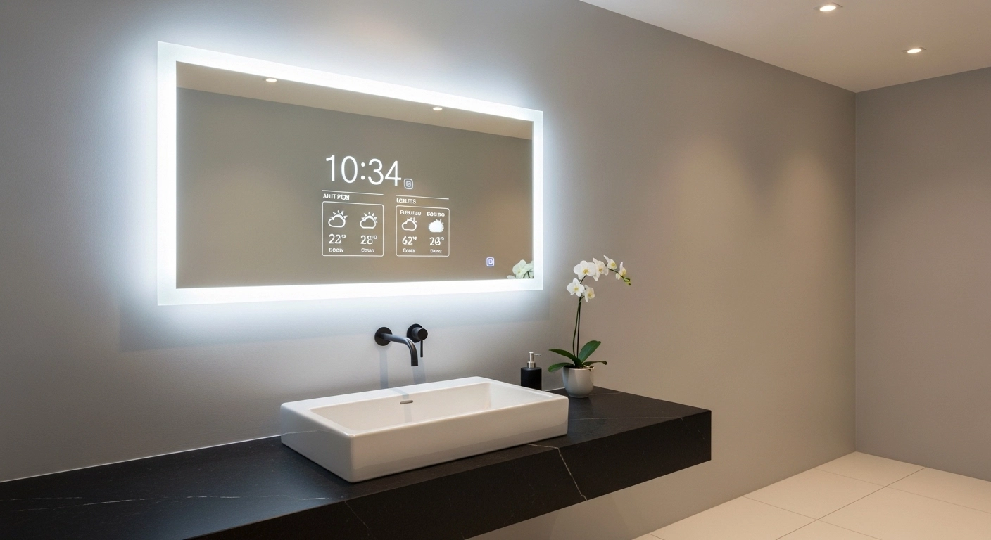 LED smart mirror displaying time and weather in a sleek bathroom