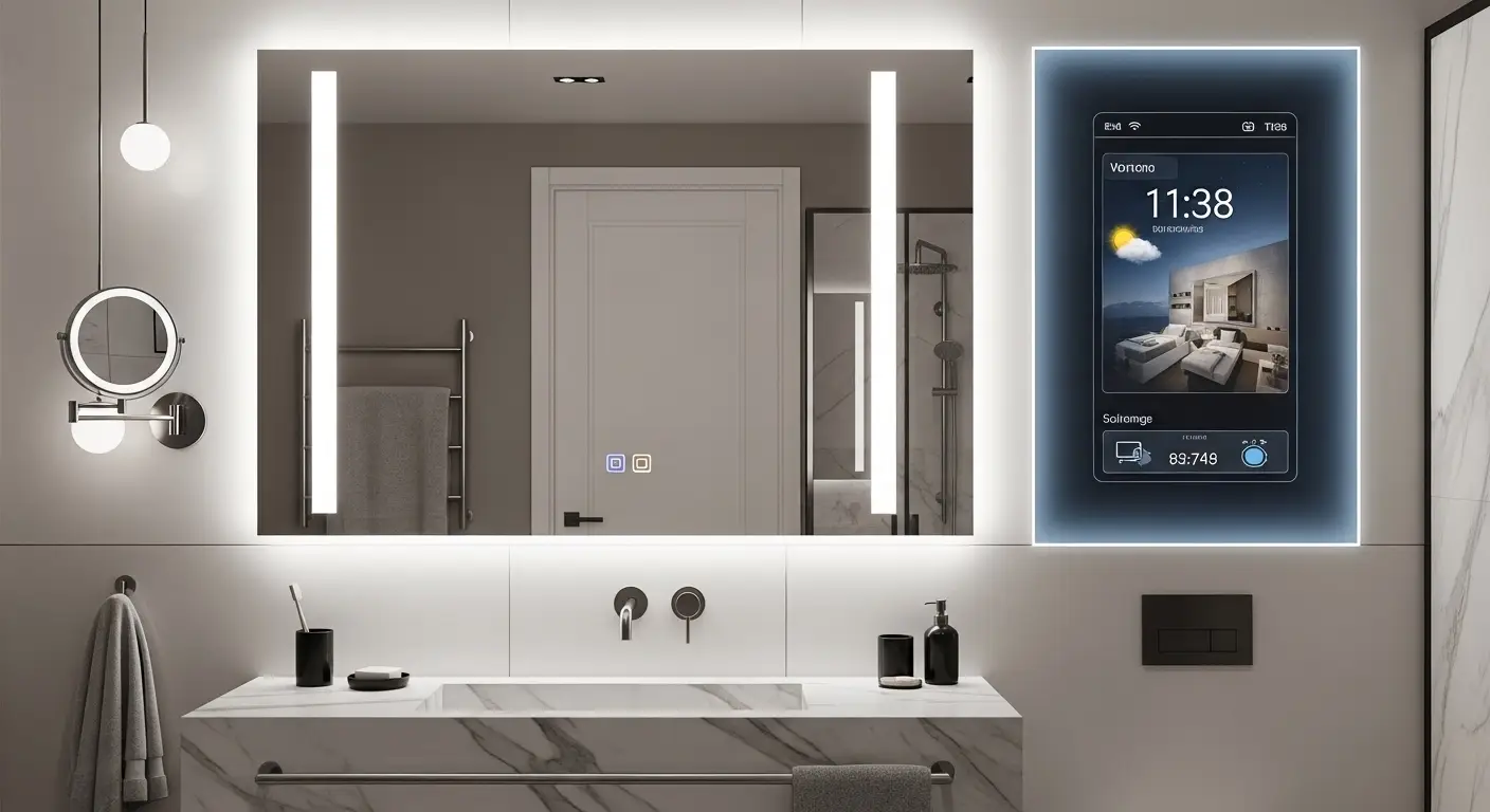 Smart mirror in a bathroom with LED lights and digital display