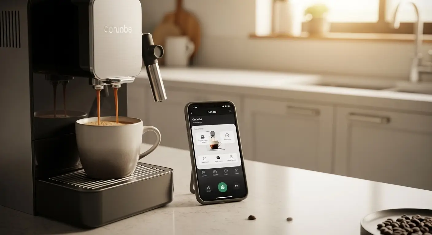 Sleek smart coffee machine brewing coffee with mobile control