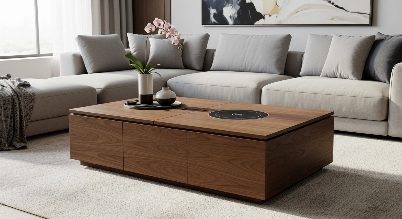 Minimalist coffee table with built-in wireless charger and hidden compartments
