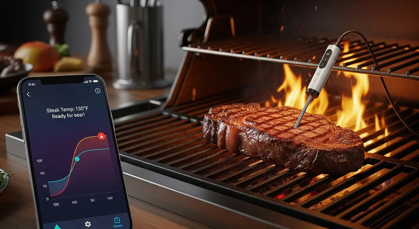 Smart thermometer connected to phone while cooking meat