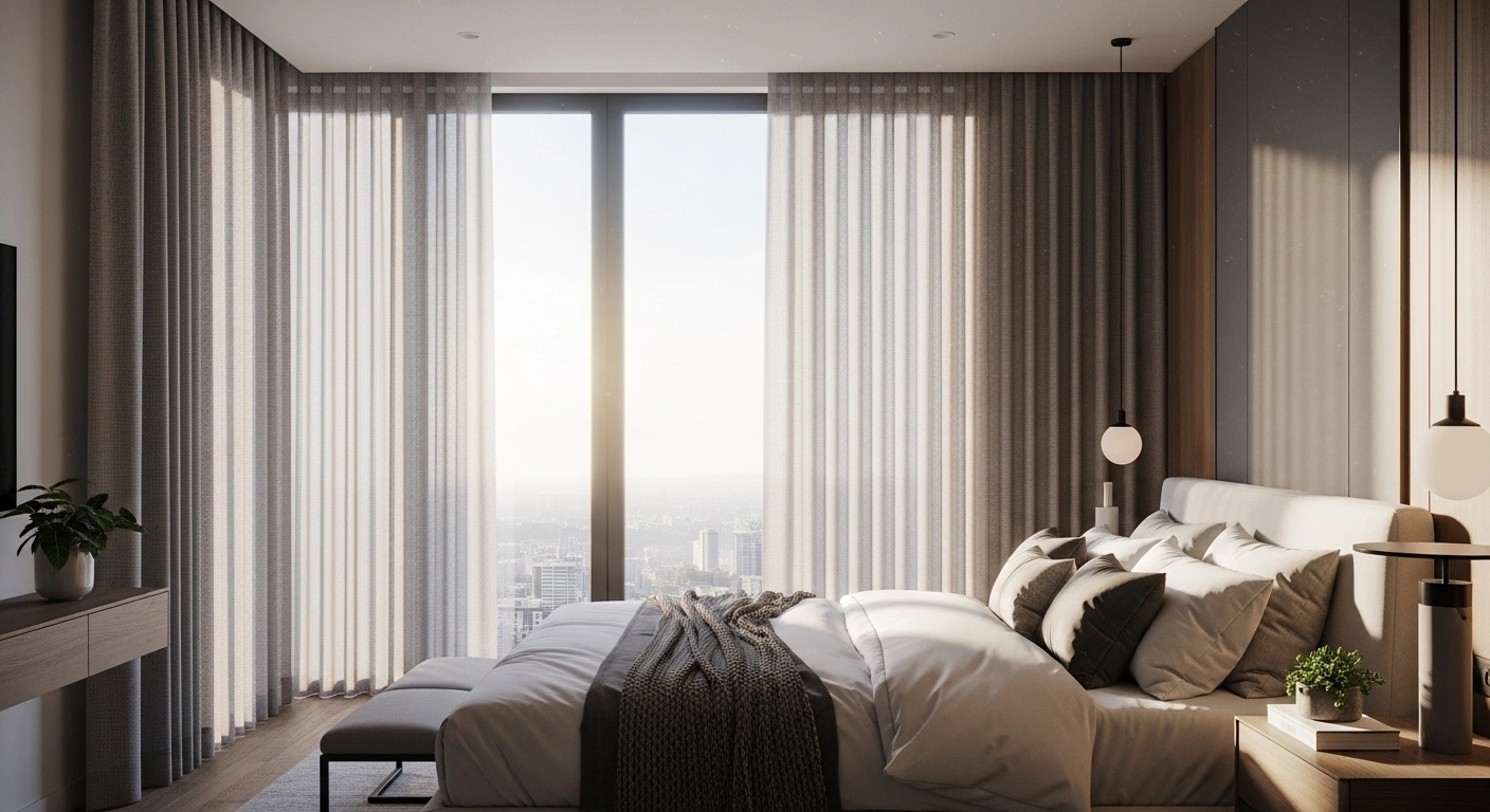 Automated curtains opening with sunlight in a luxury bedroom