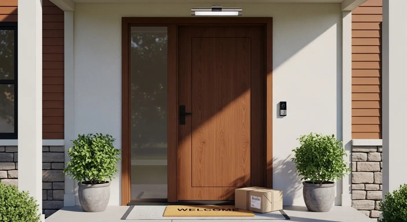 Front porch with smart doorbell camera and motion lights
