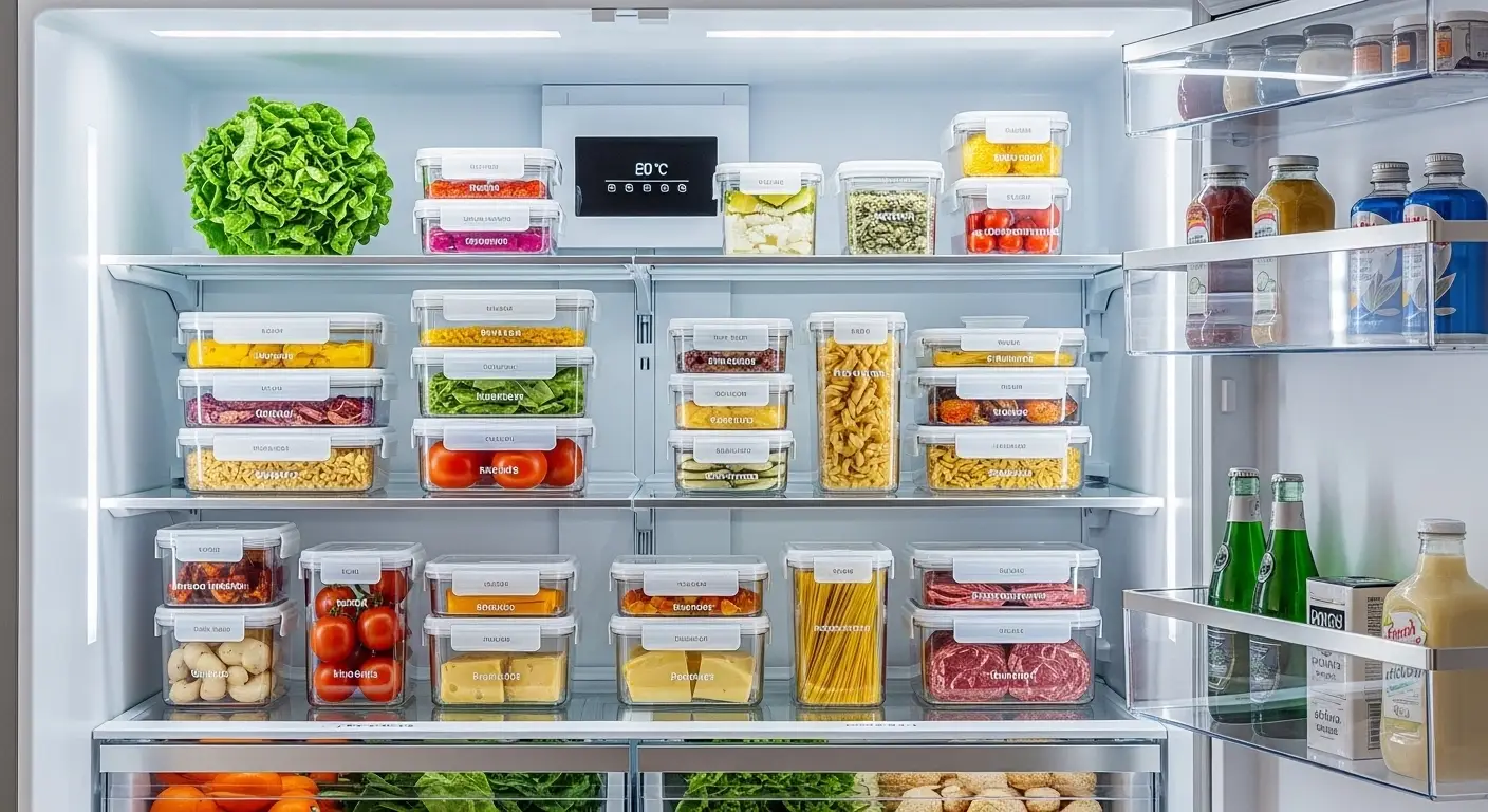 Organized fridge with smart containers and LED lighting