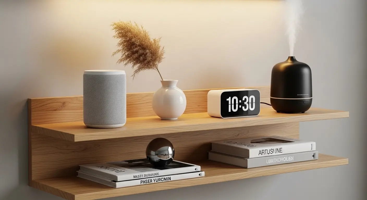 modern smart speaker and digital decor clock on shelf