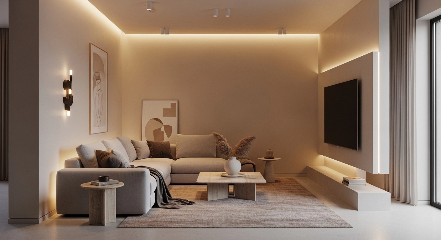 A modern living room with warm ambient smart lighting controlled via app