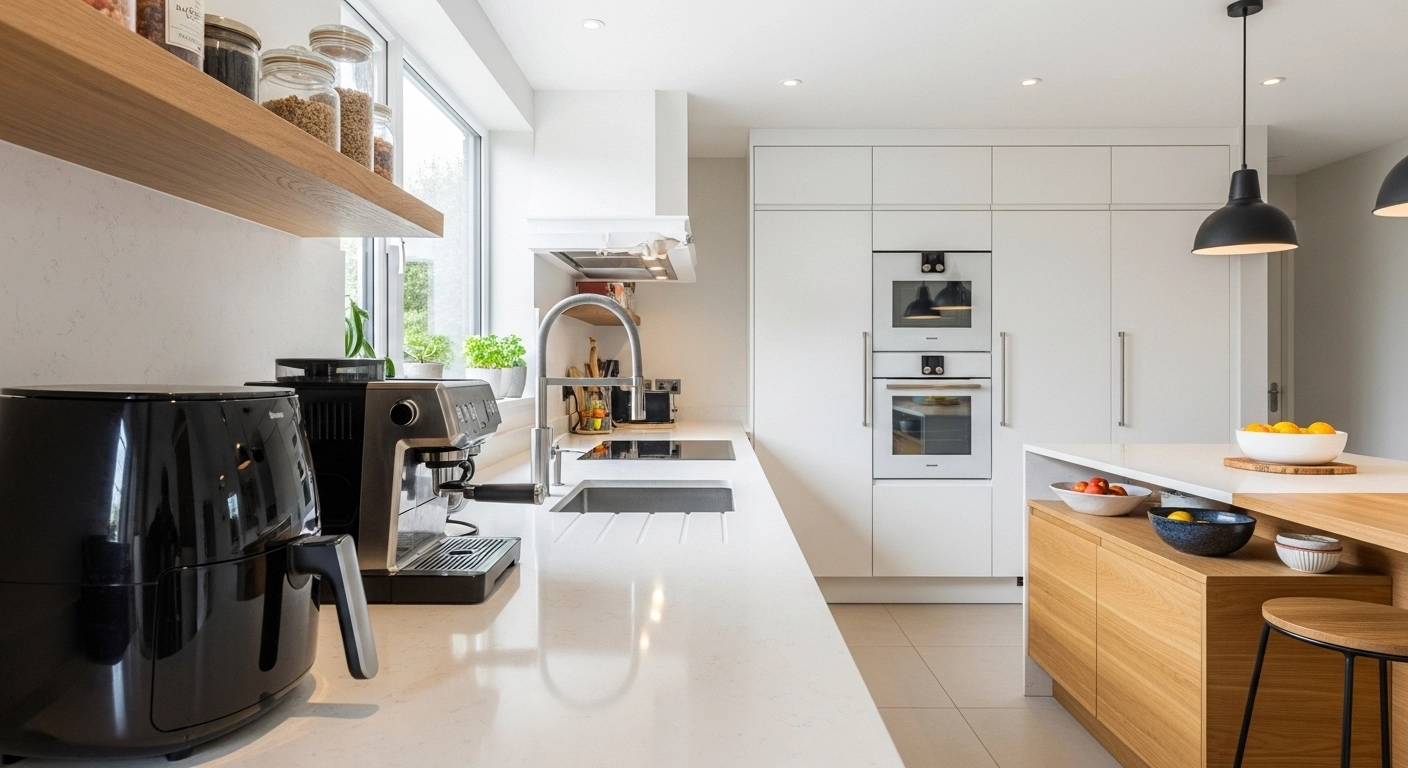 Clean kitchen countertop with sleek smart appliances