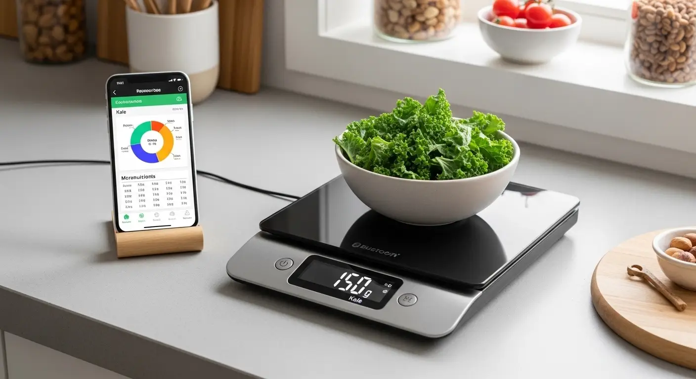 Digital kitchen scale connected to smartphone showing nutrition data