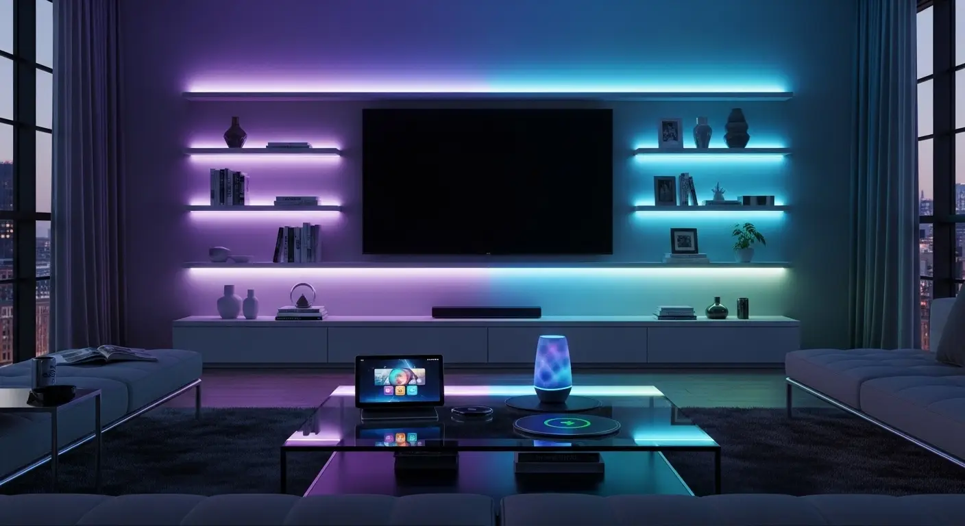 Smart LED lighting behind TV creating colorful ambient glow