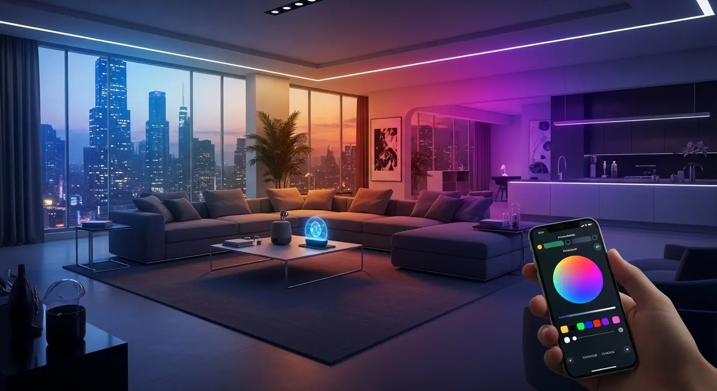 Smart LED lighting system in a modern living room changing colors via app control