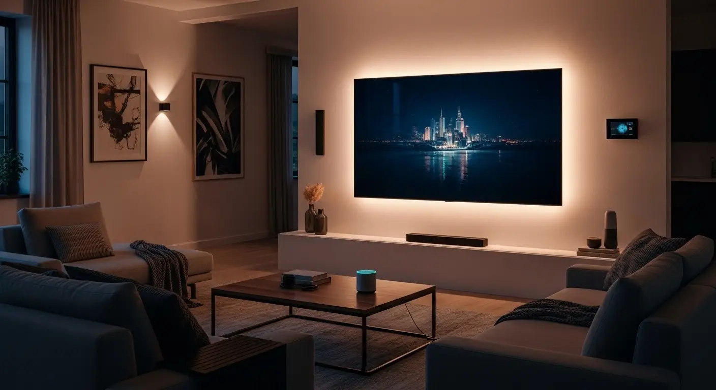 Living room with warm smart LED strip lighting behind TV