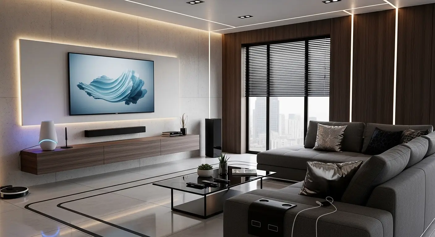 smart living room with integrated technology and decor elements