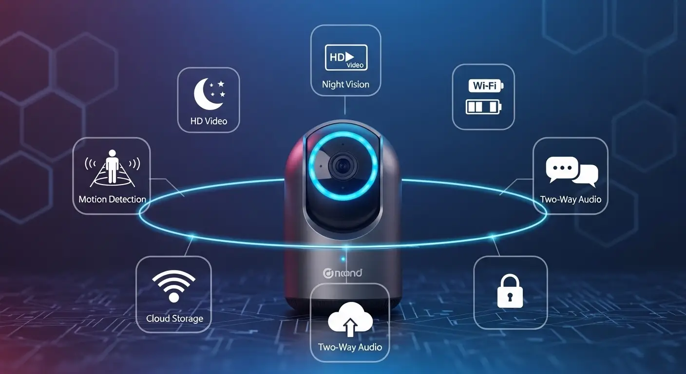 Close-up of smart security camera features icons like HD video, night vision, motion detection