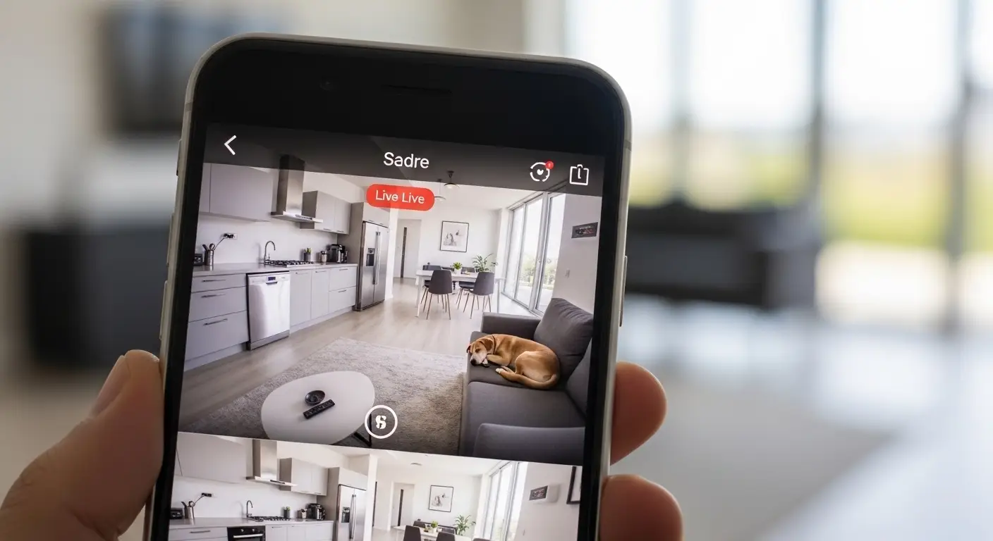 Smartphone showing live home camera feed from a smart security camera