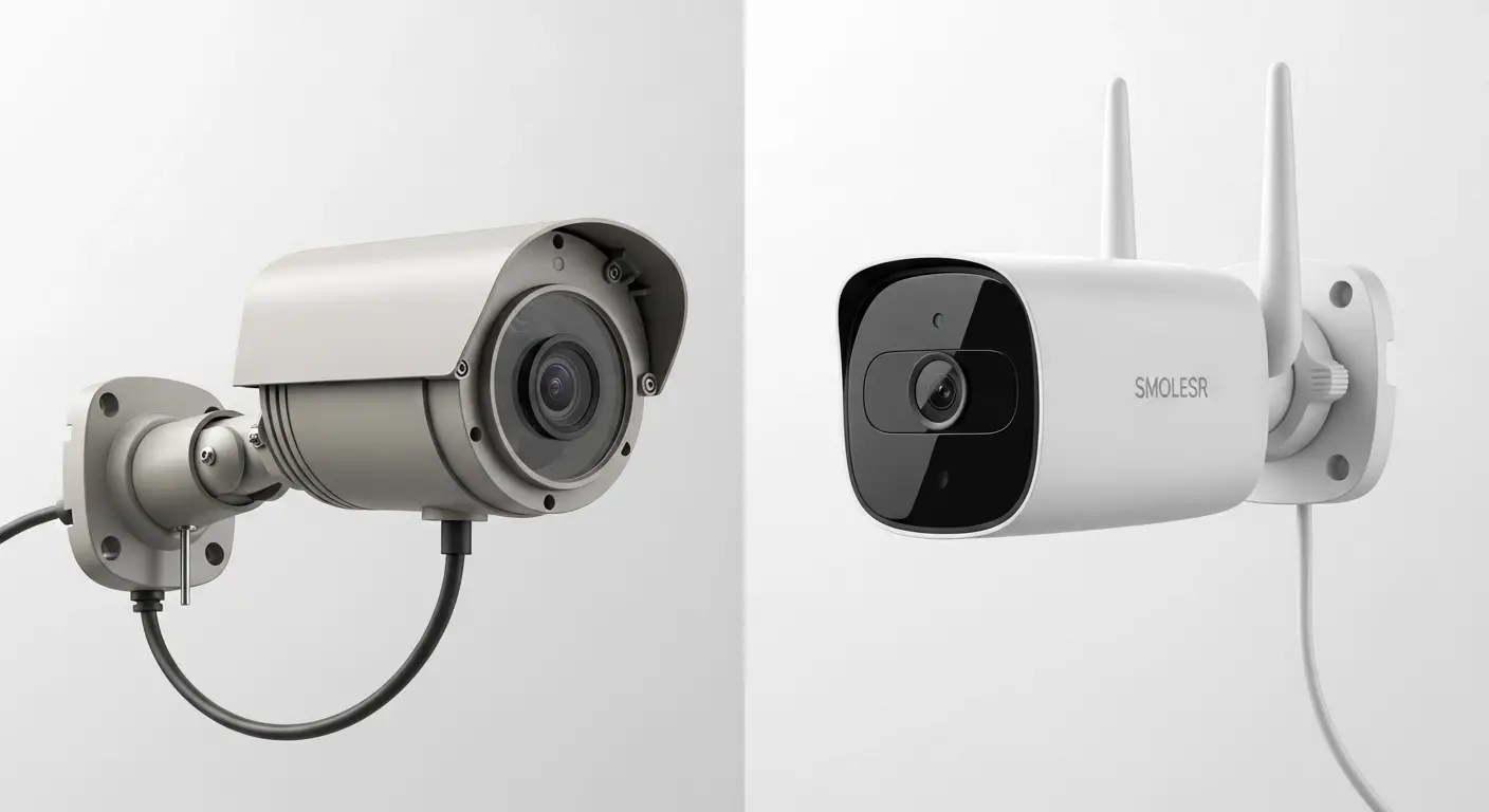 Side-by-side comparison of bulky traditional camera vs sleek smart home camera