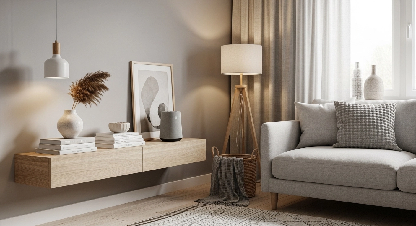 Stylish living room with smart speaker blending into decor