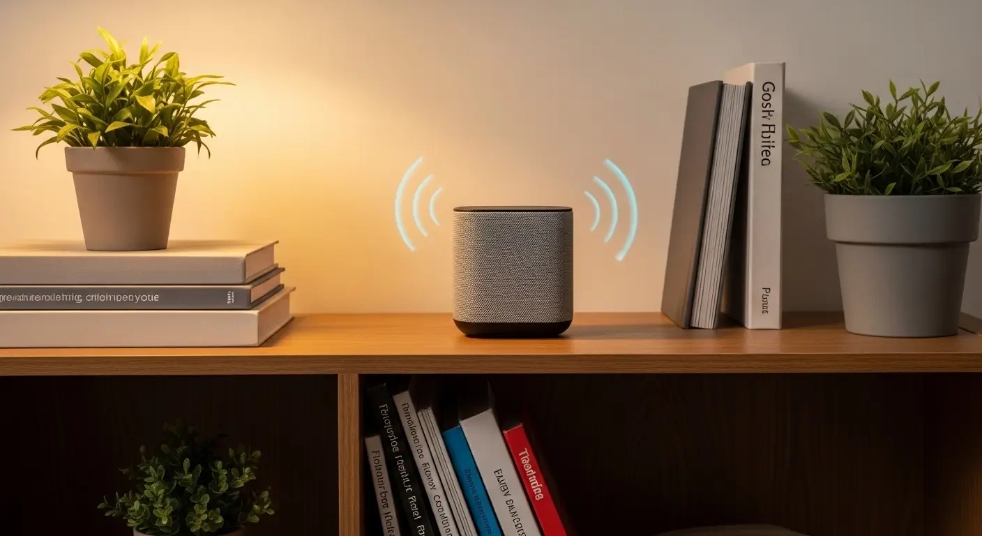 Modern smart speaker placed on a wooden shelf with plants