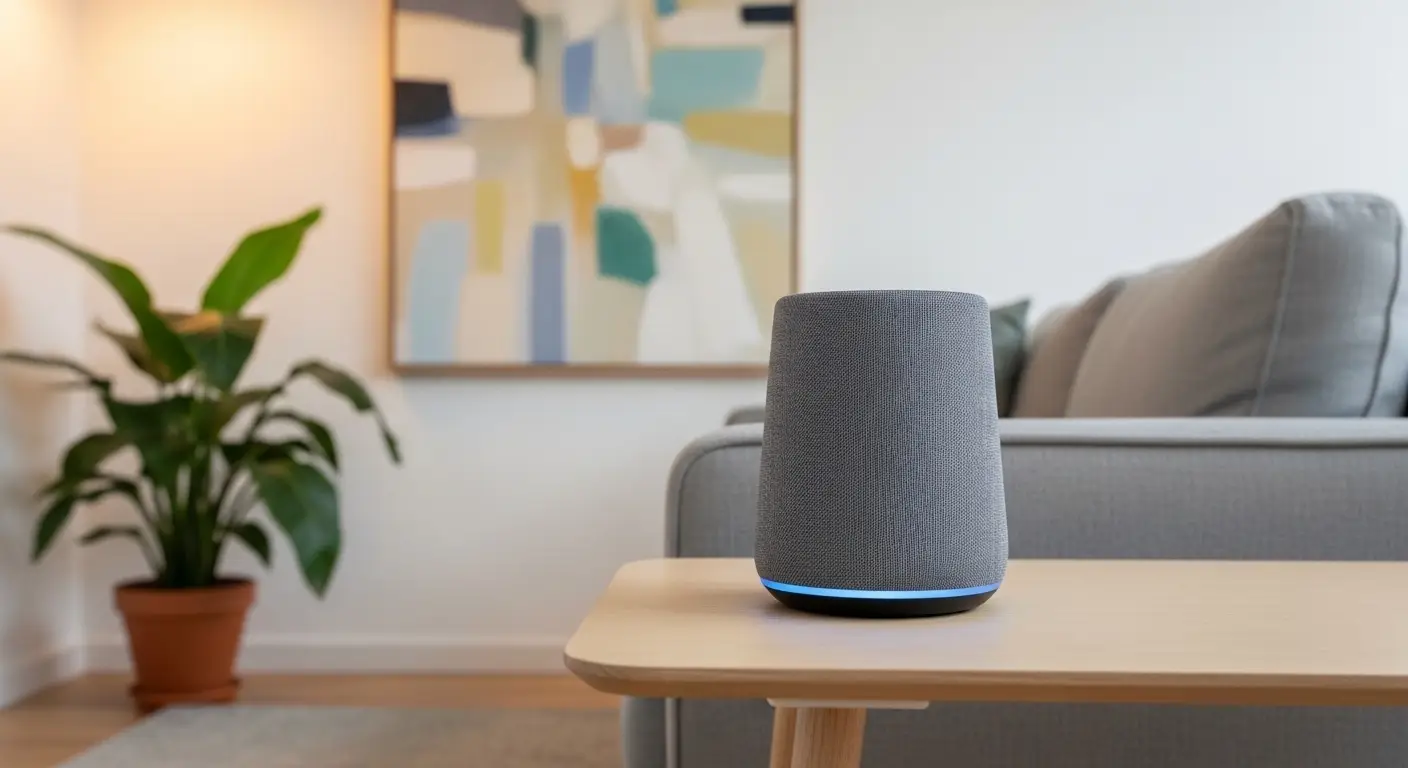 Minimal smart speaker placed on wooden table in stylish room