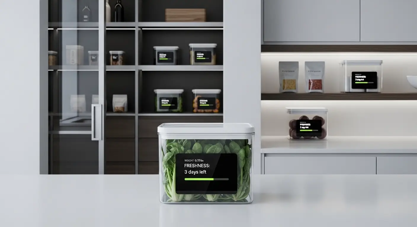 Smart food storage container showing weight and freshness
