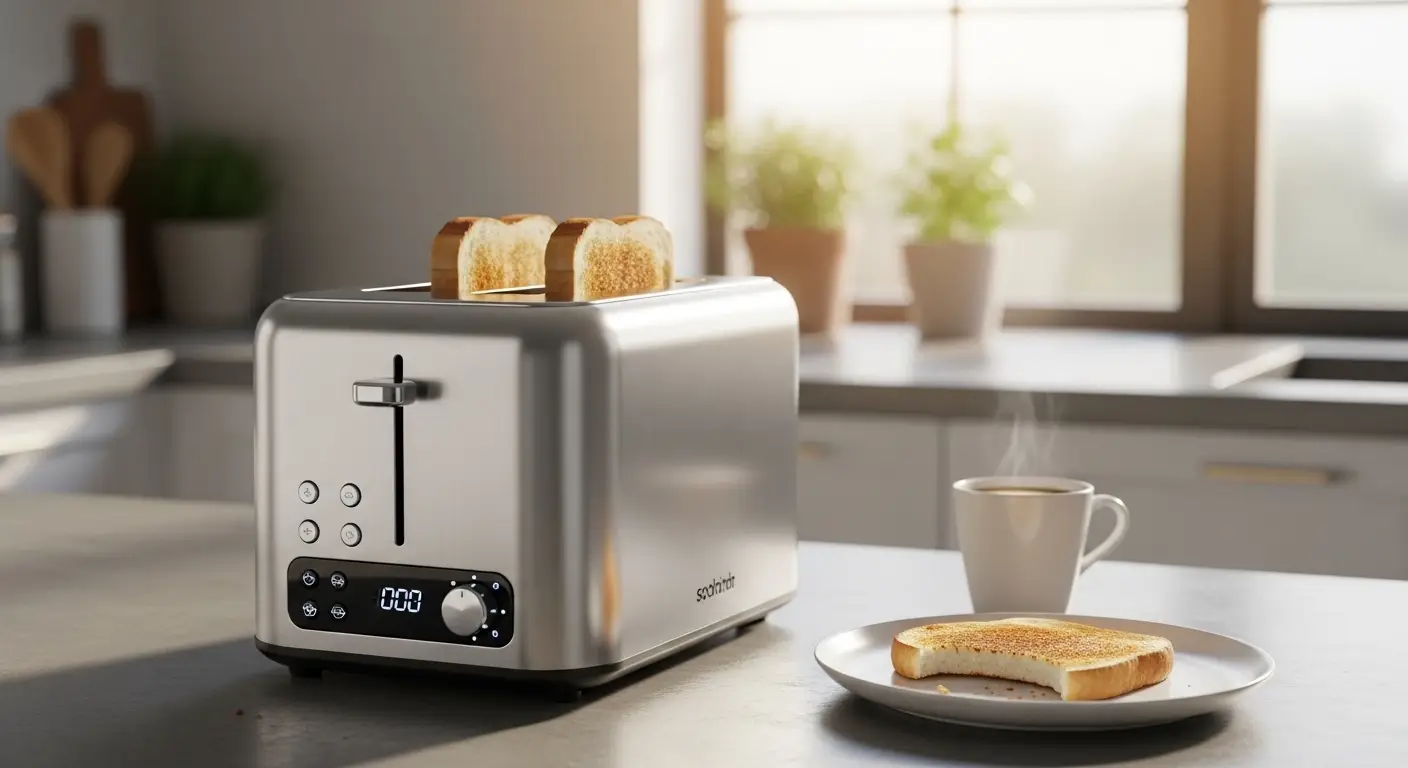 Modern smart toaster displaying digital browning levels