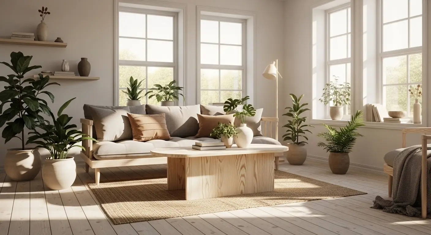 Stylish modern sofa with natural wood coffee table