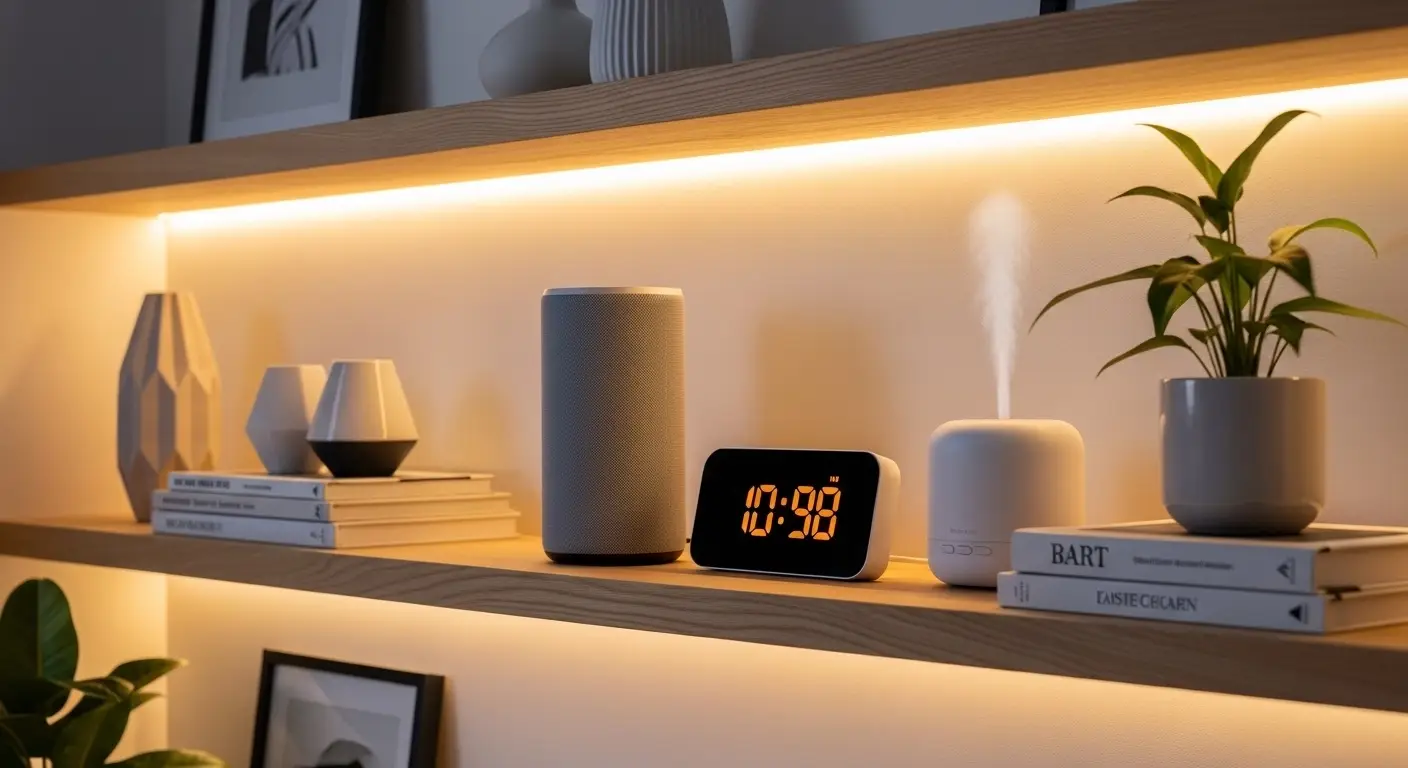 stylish smart home devices arranged neatly on living room shelf