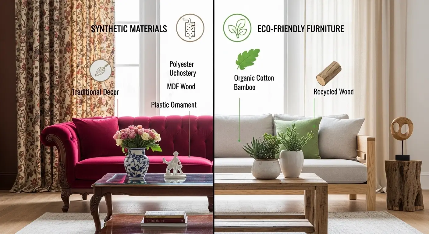 Side-by-side comparison of traditional vs eco-friendly living room