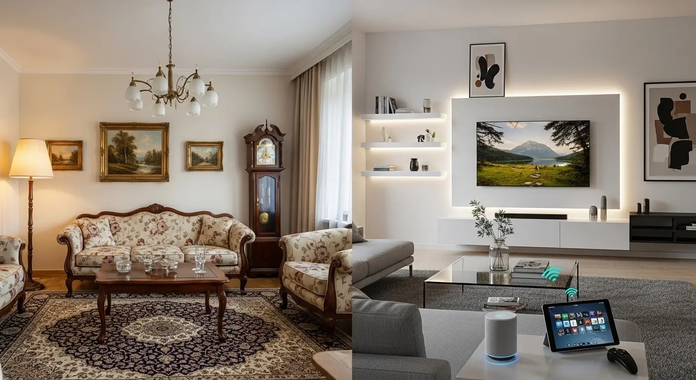 Side-by-side comparison of traditional living room and smart modern living room setup