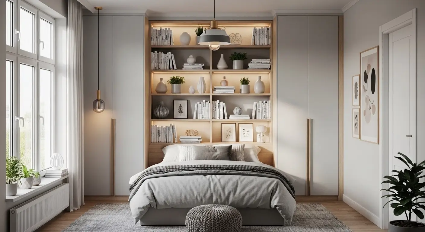 Tall shelves and wall storage above a bed in a compact bedroom