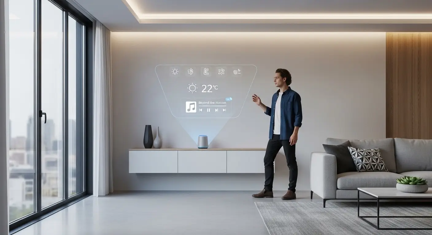Person using voice assistant device to control lights and home devices