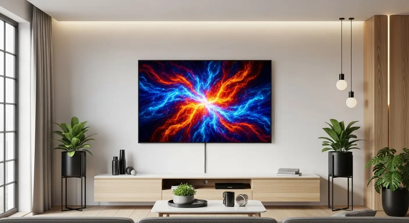 Digital art frame displaying rotating artwork in a modern living room