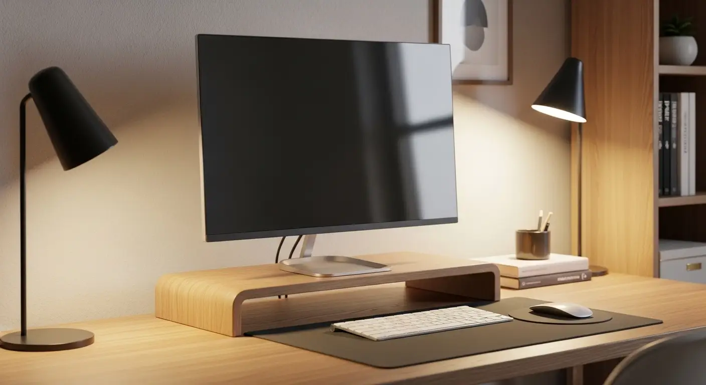 Wooden monitor riser with keyboard stored underneath