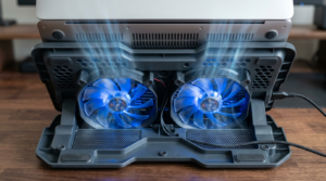 Laptop cooling pad fans close up showing airflow vents