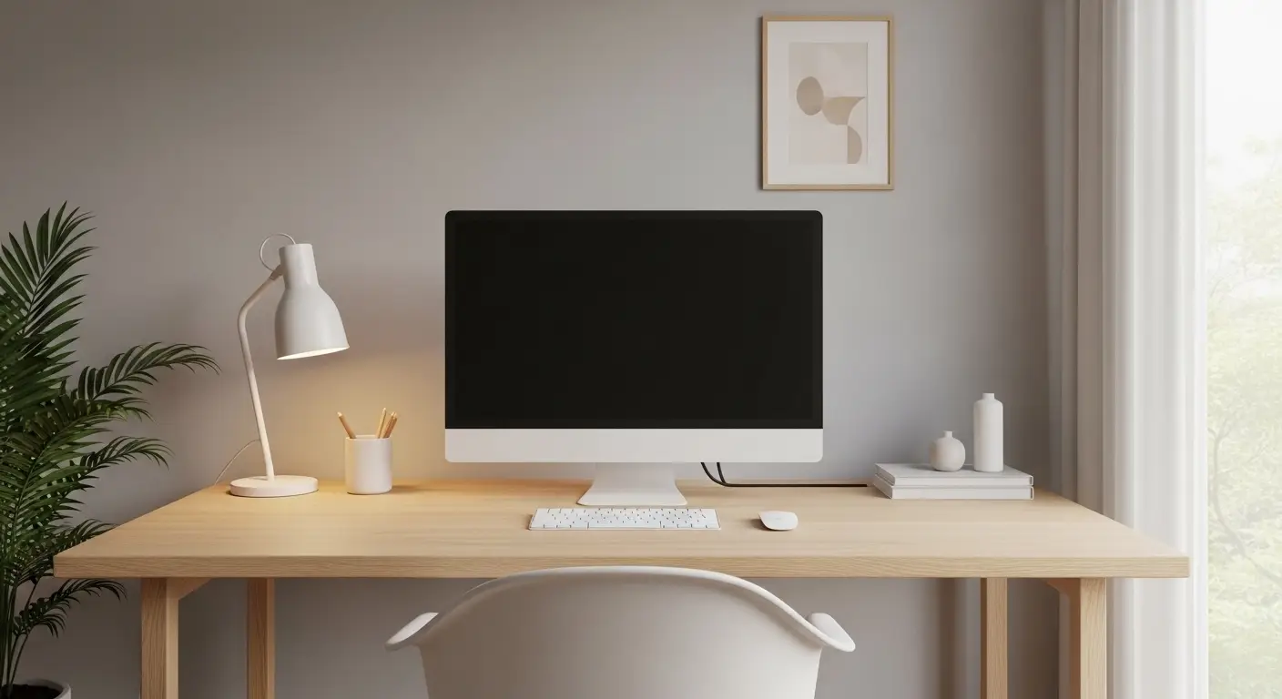 Japandi PC setup minimalist home workspace with light wooden desk, wireless keyboard and mouse, slim monitor, and calm neutral aesthetic decor in soft natural lighting