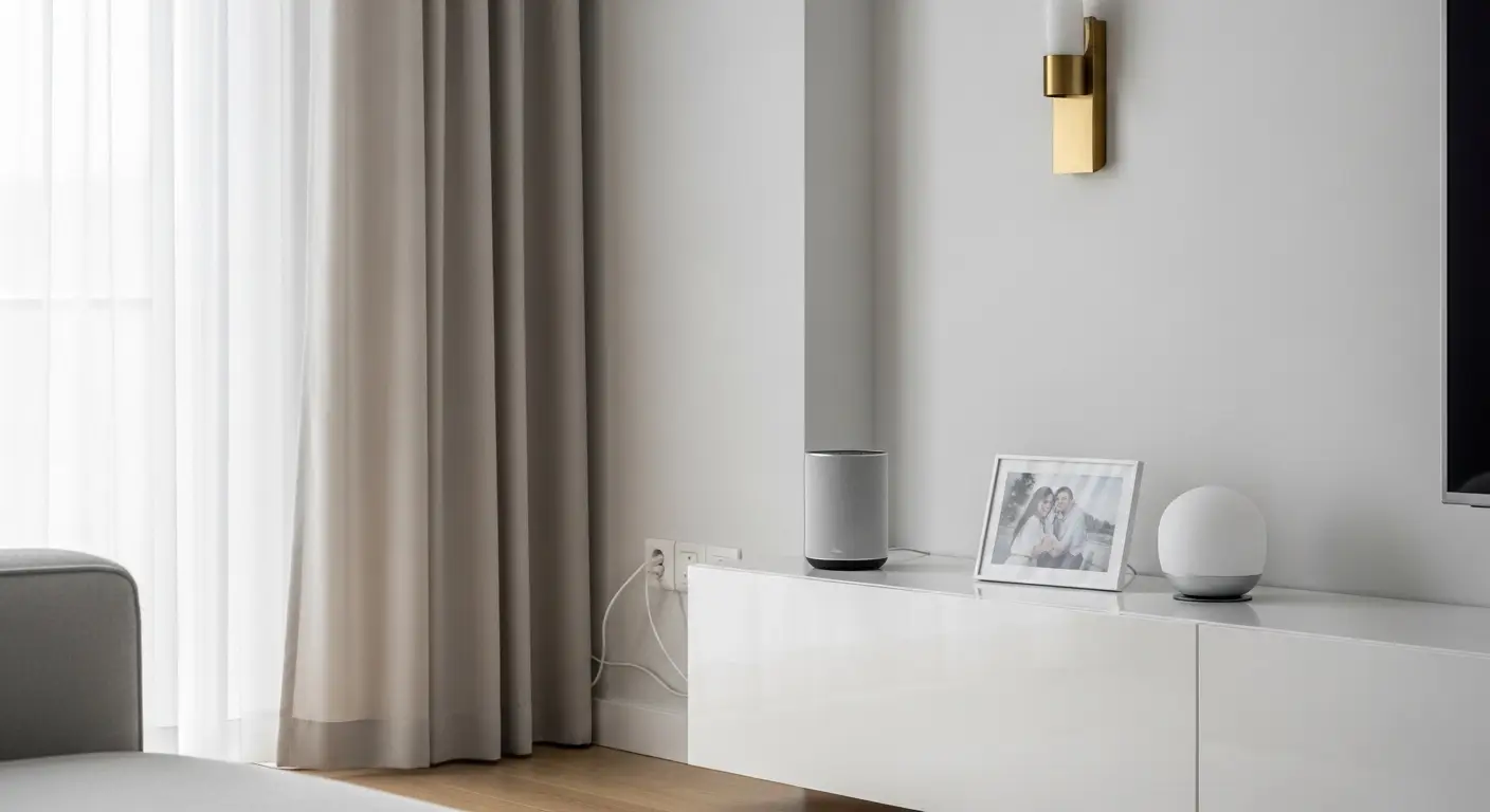 Modern luxury living room with smart home gadgets including speaker, smart lamp, and digital frame, designed with minimalist aesthetic and clean interior decor style.