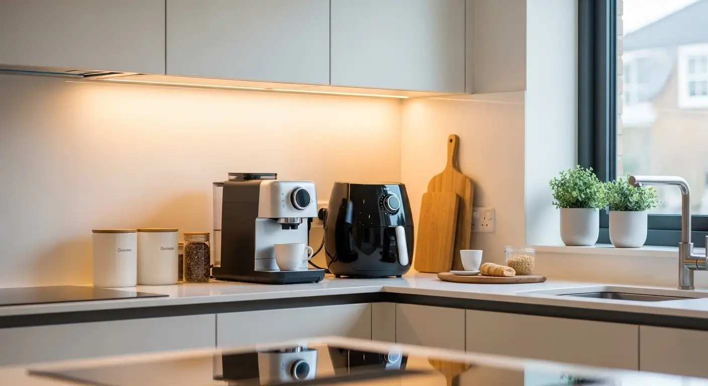 Modern smart kitchen with smart kitchen gadgets, organized countertops, and luxury smart home aesthetic design