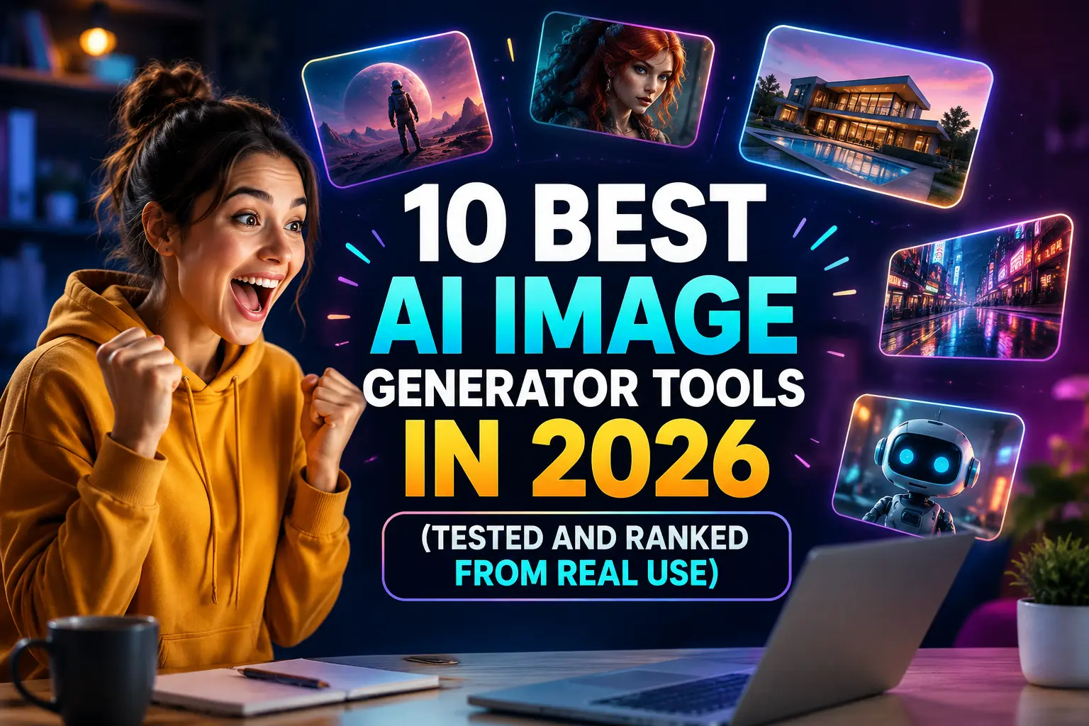Excited woman celebrating while looking at a laptop with bold text “10 Best AI Image Generator Tools in 2026” and AI-generated images in a modern tech style banner background