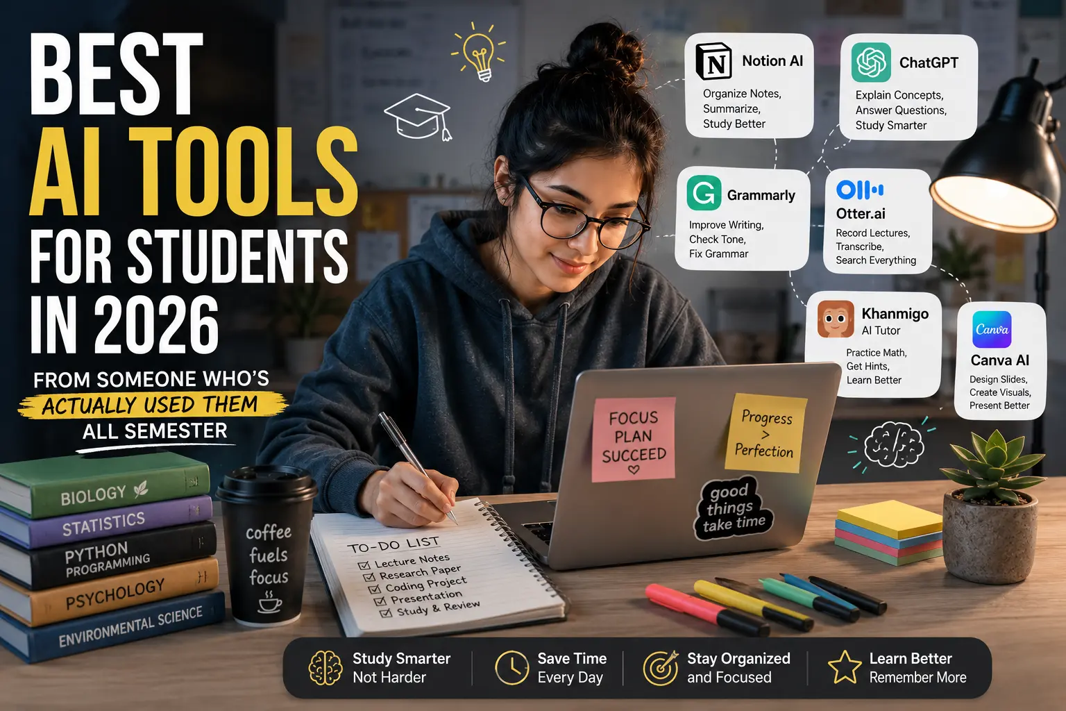 A student using AI tools for studying with laptop, notes, and productivity apps including Notion AI, ChatGPT, Grammarly, Otter AI, Khanmigo, and Canva AI.