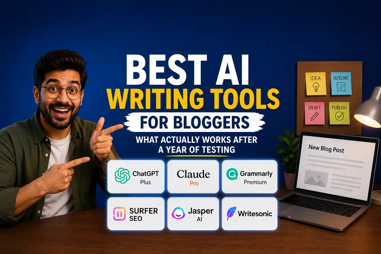 Excited blogger pointing at best AI writing tools for bloggers with ChatGPT, Claude, Grammarly, and other AI tool icons on a modern workspace