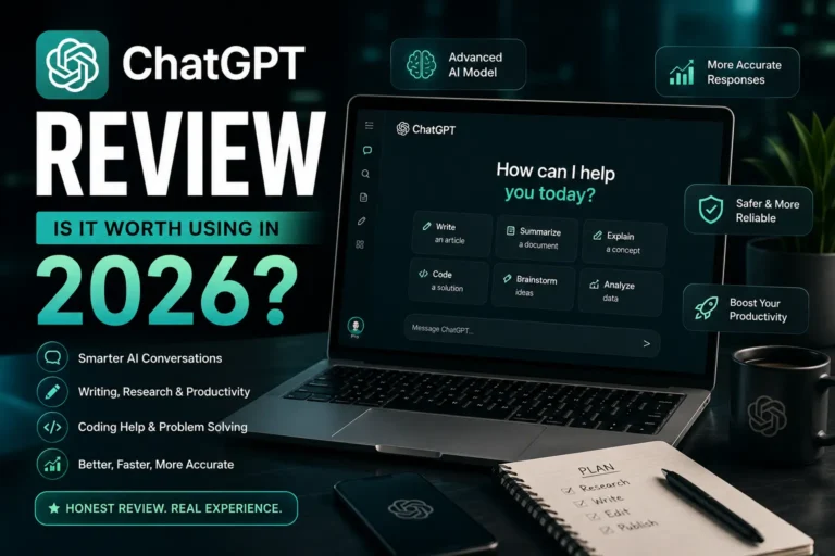 ChatGPT Review 2026 - ChatGPT interface on laptop showing writing, coding, and research features with honest review badge
