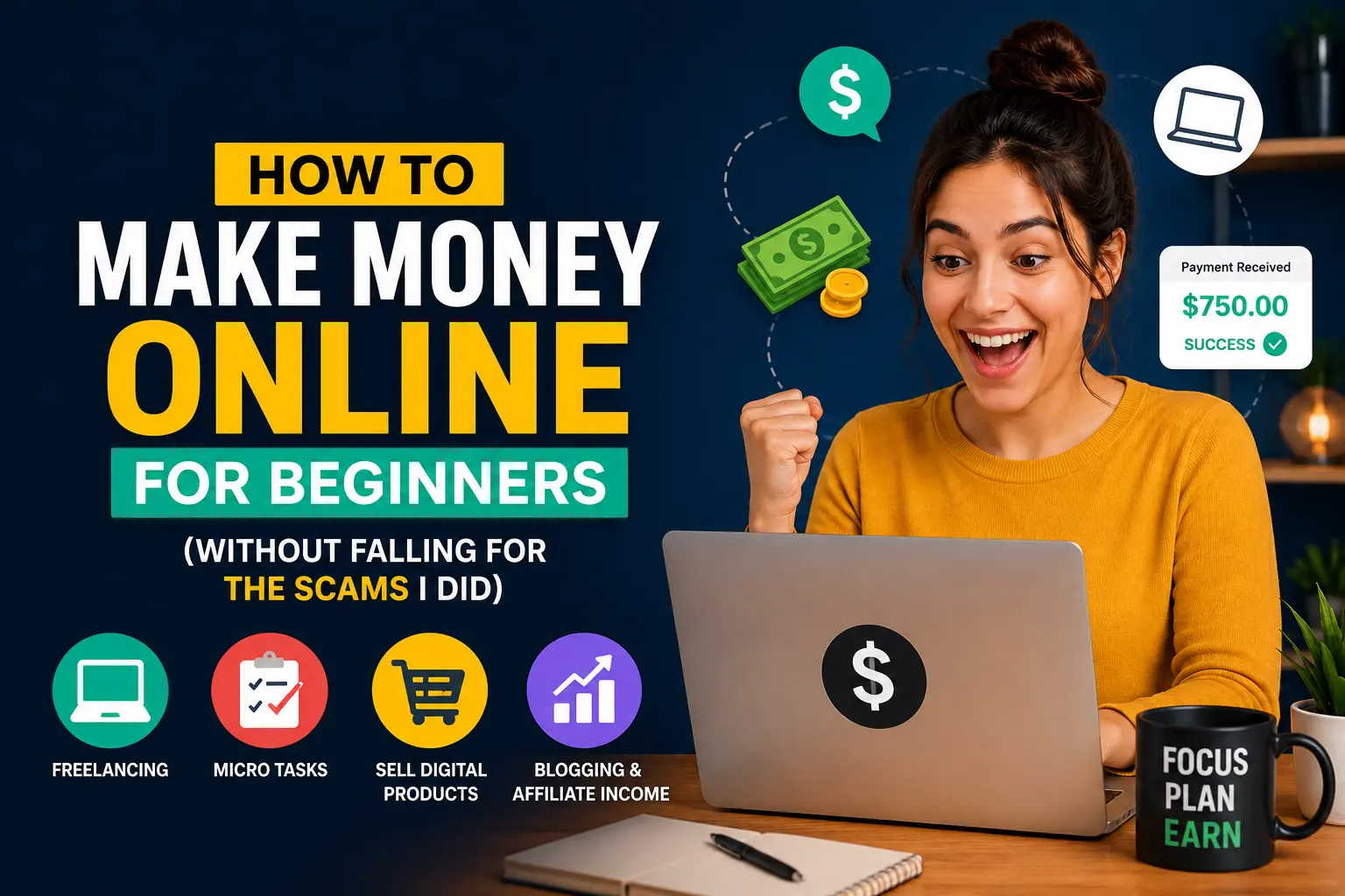 Young excited woman sitting with laptop showing success and earning money online concept, representing beginners learning how to make money online without scams through freelancing, digital products, and blogging.