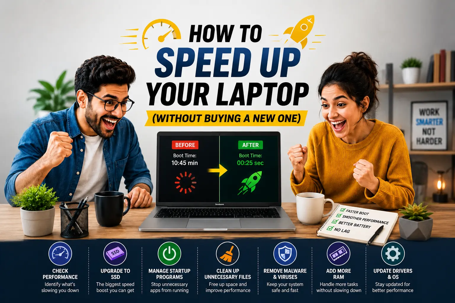 This showing a guide on how to speed up your laptop without buying a new one, with excited users, a before-and-after laptop performance comparison (slow boot vs fast boot), and icons for optimization tips like SSD upgrade, RAM, startup programs, malware removal, and system cleanup.